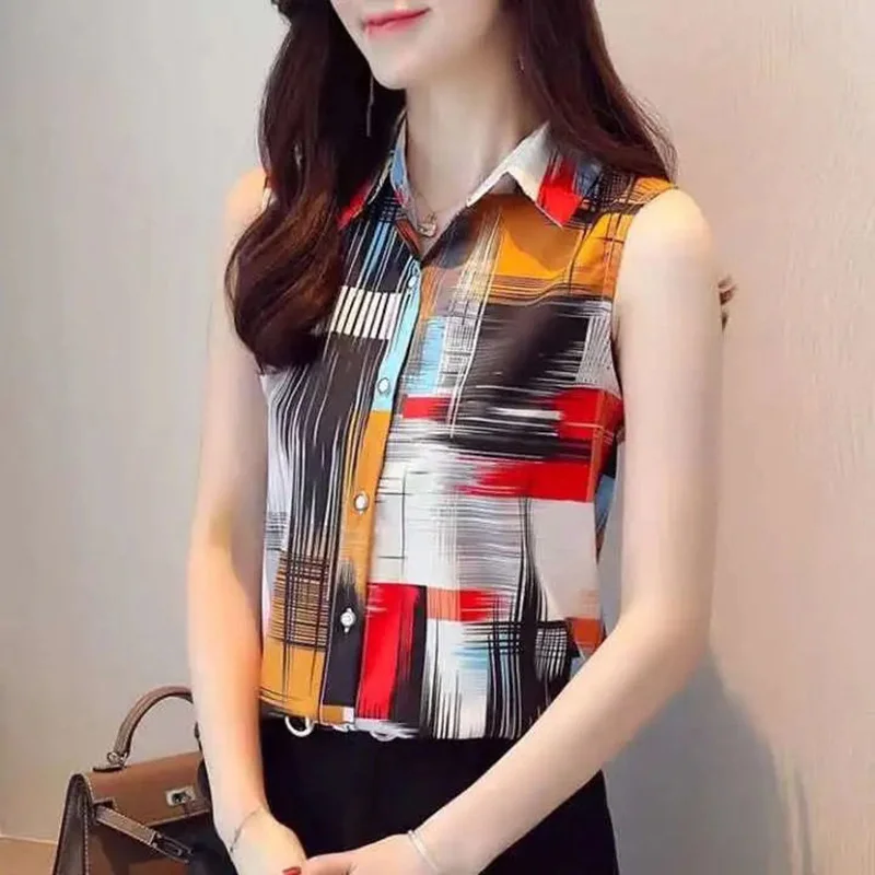 Top Trends: Fashion Lapel Sleeveless Printed Spliced Button Chiffon Shirt Summer Office Lady Tops Plus Size Casual Women&#039;s Clothing Blouse Shoppable Styles