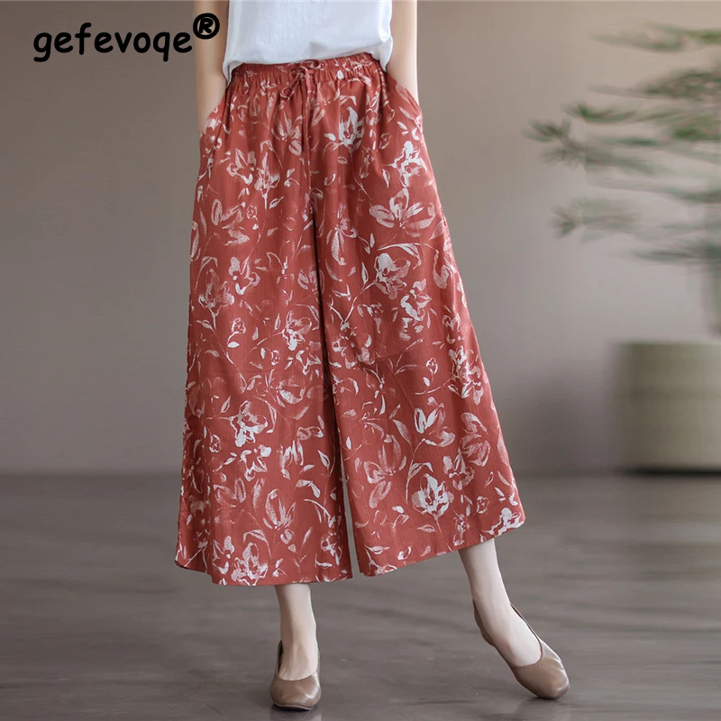 Top Trends: Women Vintage Ethnic Style Print Cotton Elegant Wide Leg Pants 2023 Summer High Waist Loose Cropped Trousers Pantalones De Mujer Shoppable Styles