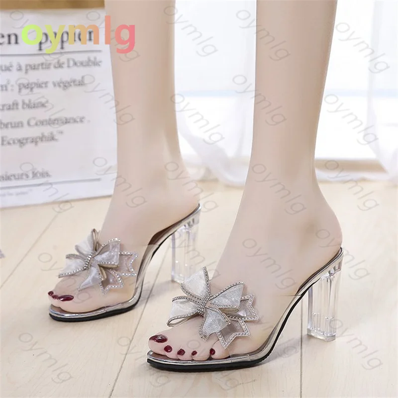 Top Trends: Slippers Women&#039;s Super High Heel Thick Heel Rhinestone Bow Transparent Sandals 2021 New Women Shoes Women Mujer Purple Shoppable Styles