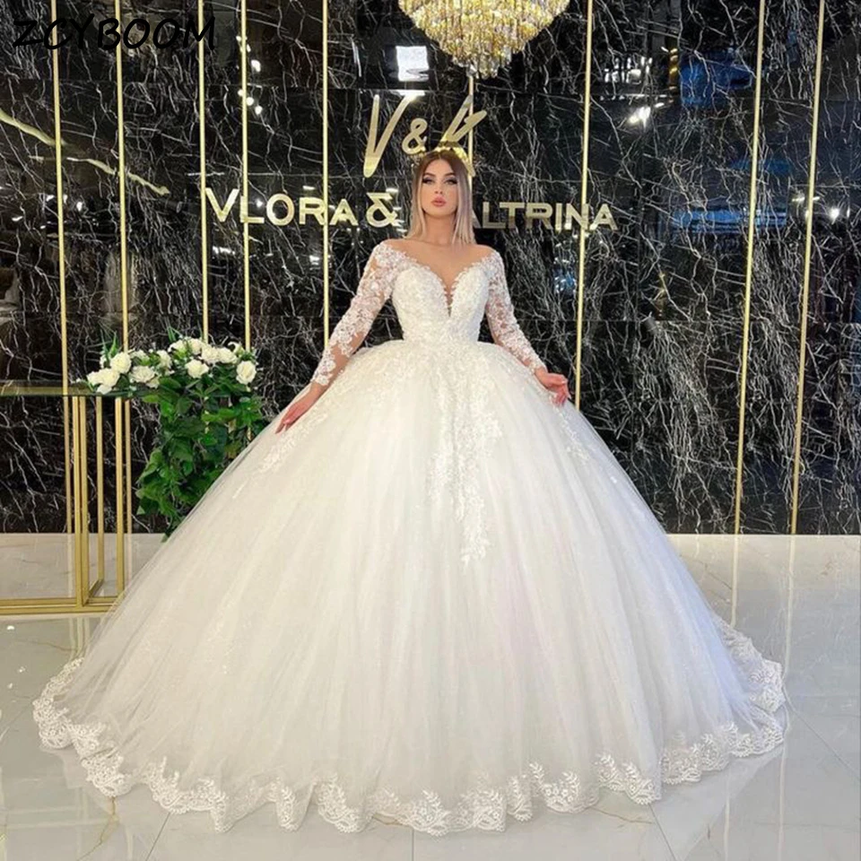 Top Trends: Luxury V-Neck Lace Appliques Long Sleeves For Women Wedding Dress 2023 Ball Gown Floor Length Sweep Train Princess Bridal Gown Shoppable Styles