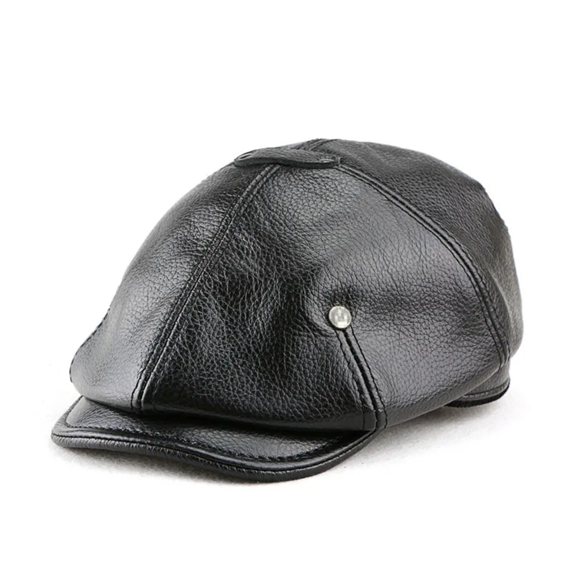 Top Trends: Autumn Winter Real Full Grain Cow Leather Octagonal Beret Cap For Men Retro Fashion British Style Newsboy Hat Artist Visor Shoppable Styles - Image 3