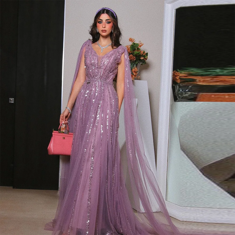 Top Trends: Sevintage Purple Beading Sequined Prom Dresses Cap Sleeves Saudi Arabic A-Line Evening Gowns Formal Occasion Dress 2024 Shoppable Styles