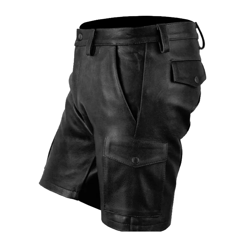 Top Trends: 2023 Men's Real Cowhide Leather Cargo Shorts Black Cargo Pockets Shorts With Belt Men Shorts Shoppable Styles