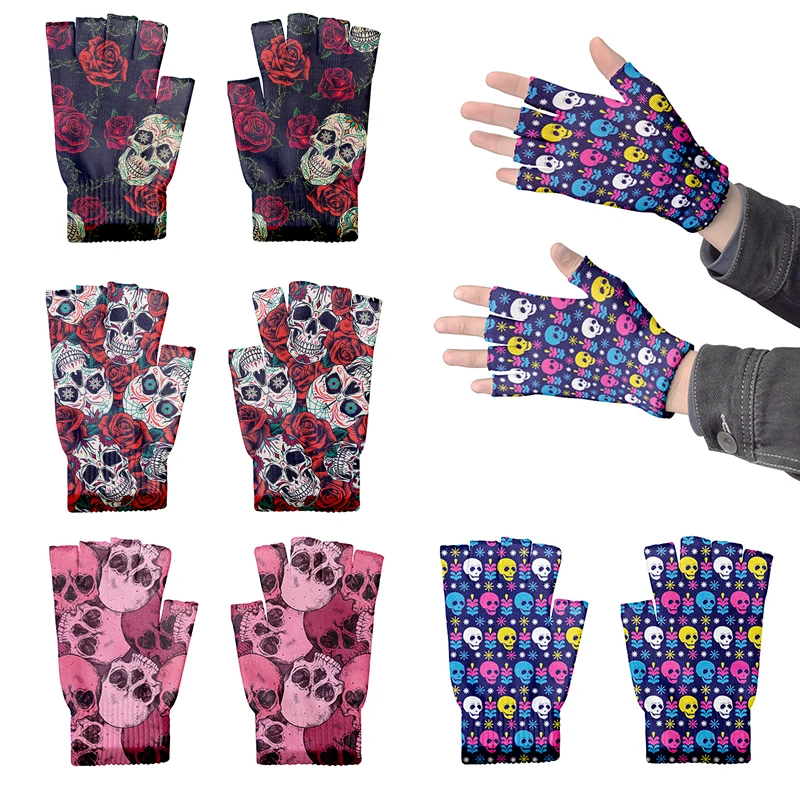 Top Trends: 1 Piece 3D Printed Adult Open Finger Gloves Hot Selling Skull Pattern Cool Fingerless Mittens Funny Skull Christmas Couple Glove Shoppable Styles