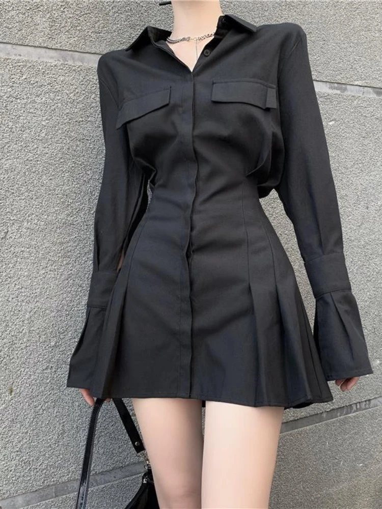 Top Trends: HOUZHOU Black Shirt Dress Women Elegant Vintage Long Sleeve Dresses Sexy Gothic Pleated Streetwear Turn-down Collar Casual Robe Shoppable Styles