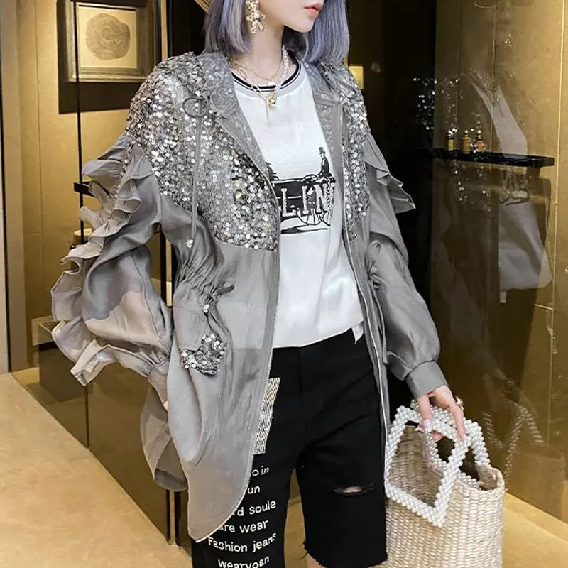 Top Trends: Female Clothing Sequined Pockets Shirt Casual Hooded Spring Summer Zipper Ruffles Spliced Korean Shirring Drawstring Midi Blouse Shoppable Styles