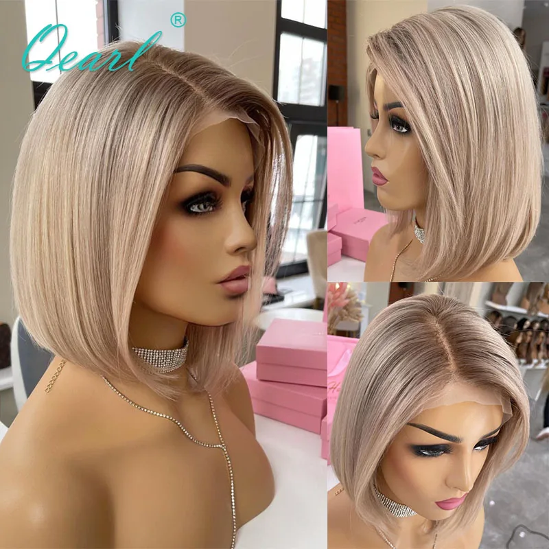 Top Trends: Straight Short Bob Wig Human Hair Full Lace Wigs For Women Platinum Blonde HD Ash Brown Root Virgin Hair Lace Frontal Wig Qearl Shoppable Styles