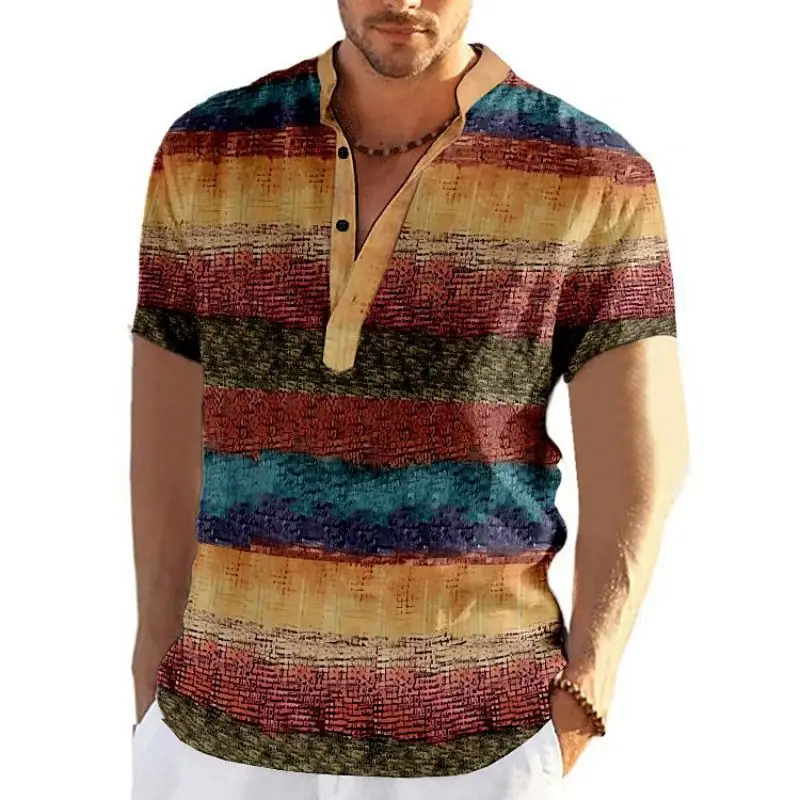 Top Trends: Men'S Henley Shirt Summer Short Sleeve Shirts Patchwork Pattern Print Shirt Daily Casual Cardigan Vintage Oversized Men Clothing Shoppable Styles