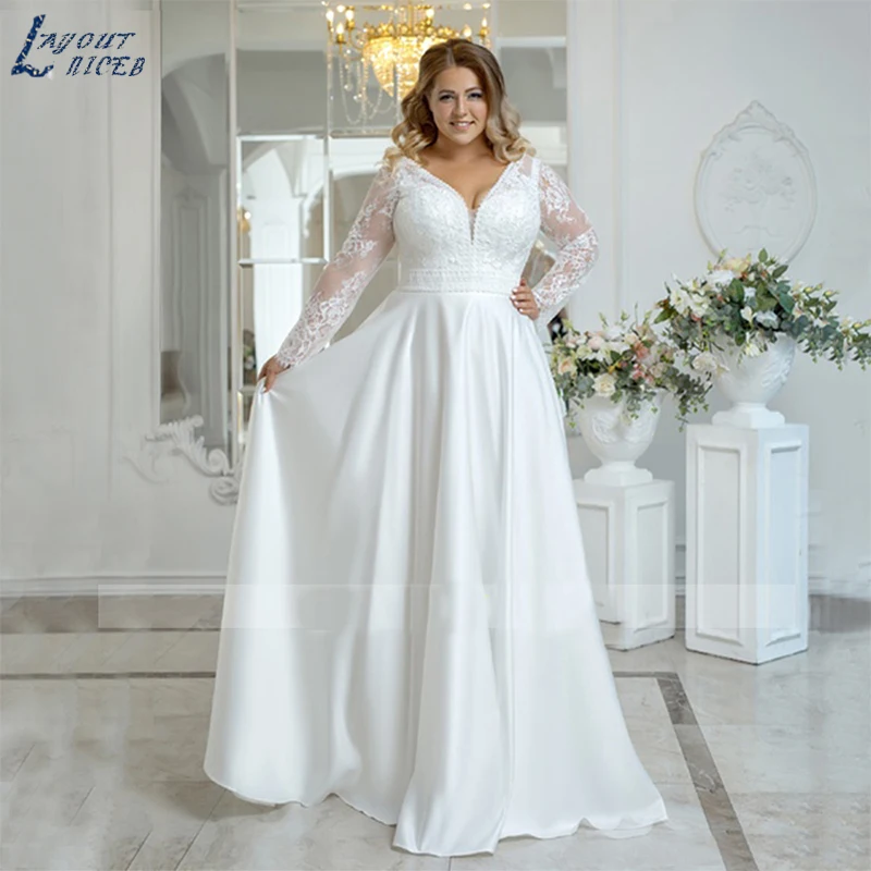 Top Trends: LAYOUT NICEB Beach Plus Size Wedding Dress Woman Satin Bohemian Lace Long Sleeve V Neck A Line Floor Length Bridal Gown White Shoppable Styles