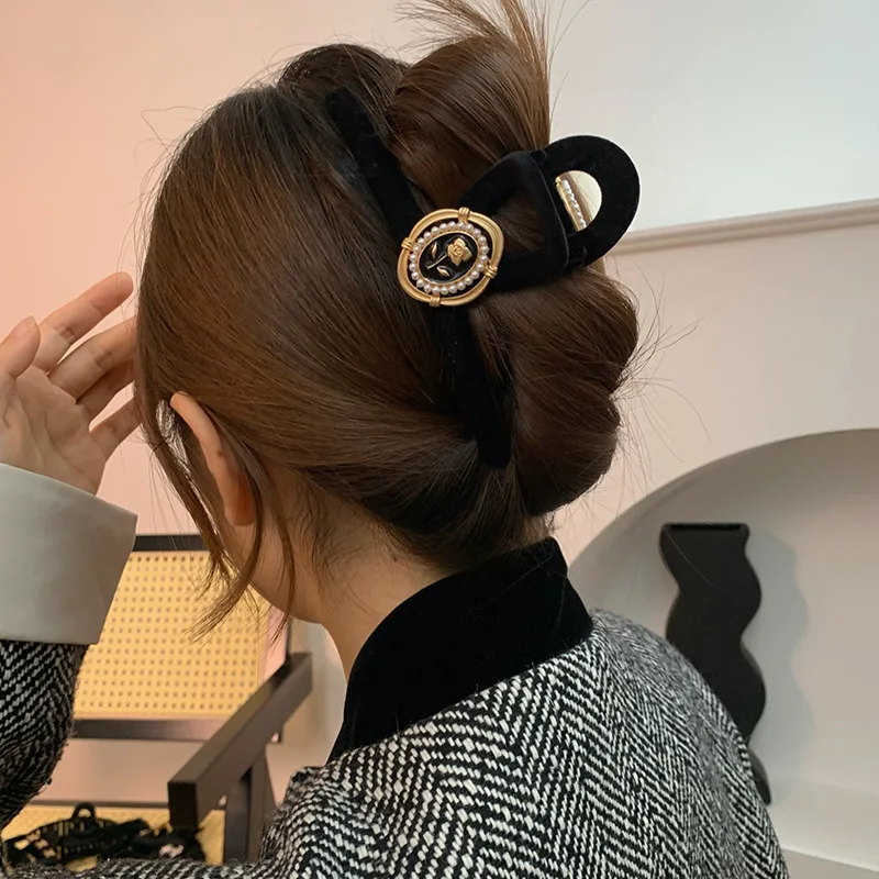 Top Trends: New Black Rose Velvet Retro Classic Style Autumn And Winter Shark Clip Hair Ponytail Claw Clip Minimalist Style Accessories Shoppable Styles