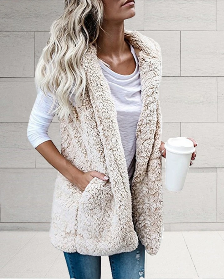 Top Trends: Casual Plain Pocket Detail Fluffy Fleece Sleeveless Hooded Teddy Vest Coat Women 2022 Autumn All-Match Jacket Women's Clotheing Shoppable Styles