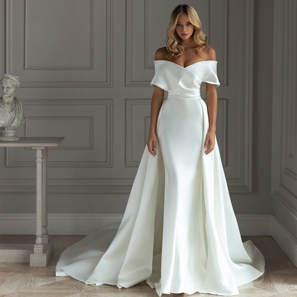 Top Trends: White Detachable Trailing Wedding Dress Sweetheart Satin Mermaid Off The Shoulder Bridal Gowns Custom Made Vestidos De Novia Shoppable Styles