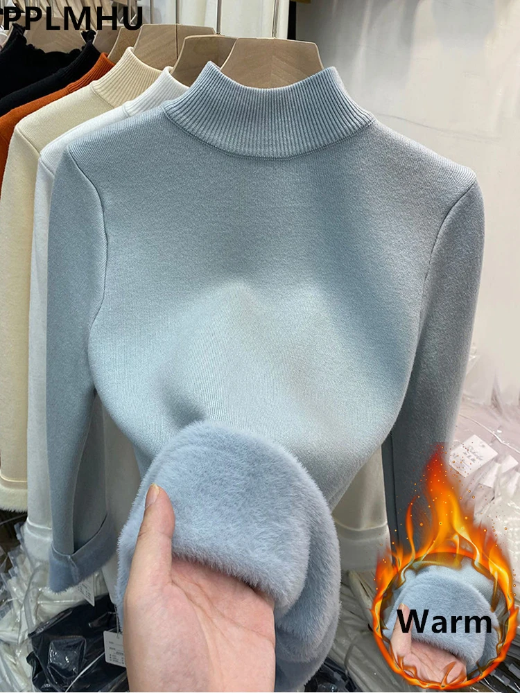 Top Trends: Half Turtleneck Sweater Winter Slim Thicken Knitwear Jumper Woman Soft Knit Pullovers Casual Plush Fleece Lined Warm Malhas Tops Shoppable Styles