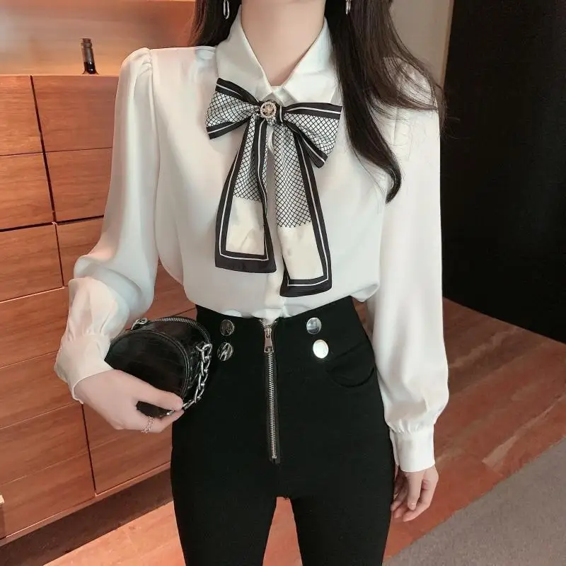 Top Trends: Korean All-match Bow Spliced Long Sleeve Shirt Fashion Women's Clothing Elegant Commute Turn-down Collar Solid Blouse For Female Shoppable Styles