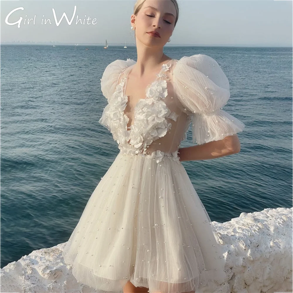 Top Trends: Modern Pearls Short Wedding Dress A Line Mini Puff Sleeves Wedding Party Gown Appliques Backless Custom Bride Robe De Mariée Shoppable Styles