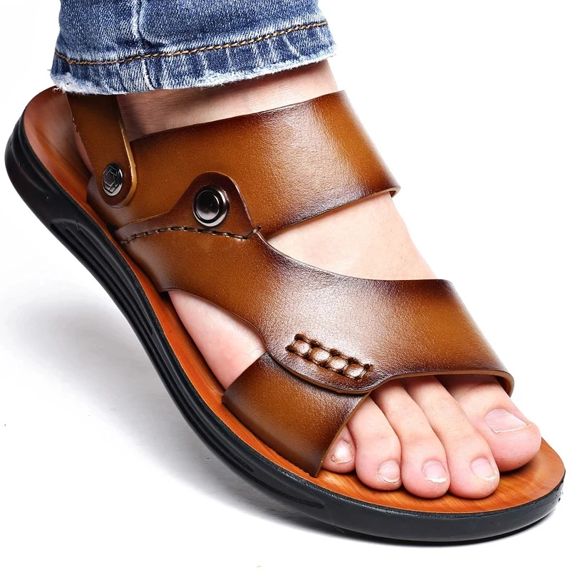 Top Trends: Men Sandals Summer New Fashion Men Slide Slippers Outdoor Genuine Leather Non-slip Shoes Beach Slip-On Sandals Travel Slippers Shoppable Styles