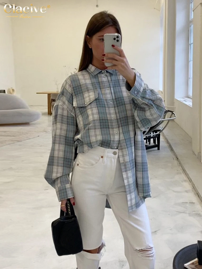 Top Trends: Clacive Fashion Loose Plaid Women Shirt 2023 Winter Lapel Long Sleeve Office Shirts &amp; Blouses Elegant Classic Pocket Top Female Shoppable Styles