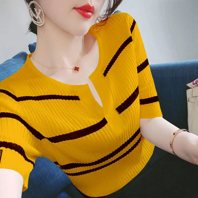 Top Trends: Fashion Half Open Collar Printed Striped Oversized Knitted Blouse 2022 Summer New Casual Pullovers Loose Commute Women's Shirt Shoppable Styles