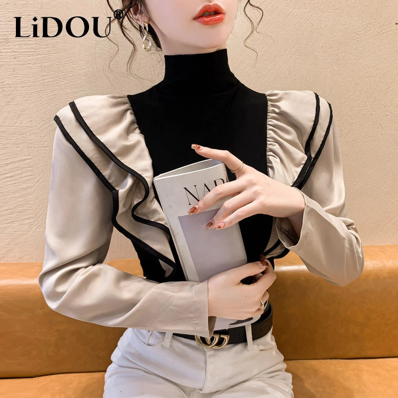 Top Trends: Autumn Winter High Collar Ruffles Patchwork Long Sleeve T-shirt Ladies Elegant Fashion Slim Pullover Top Women All-match Tees Shoppable Styles