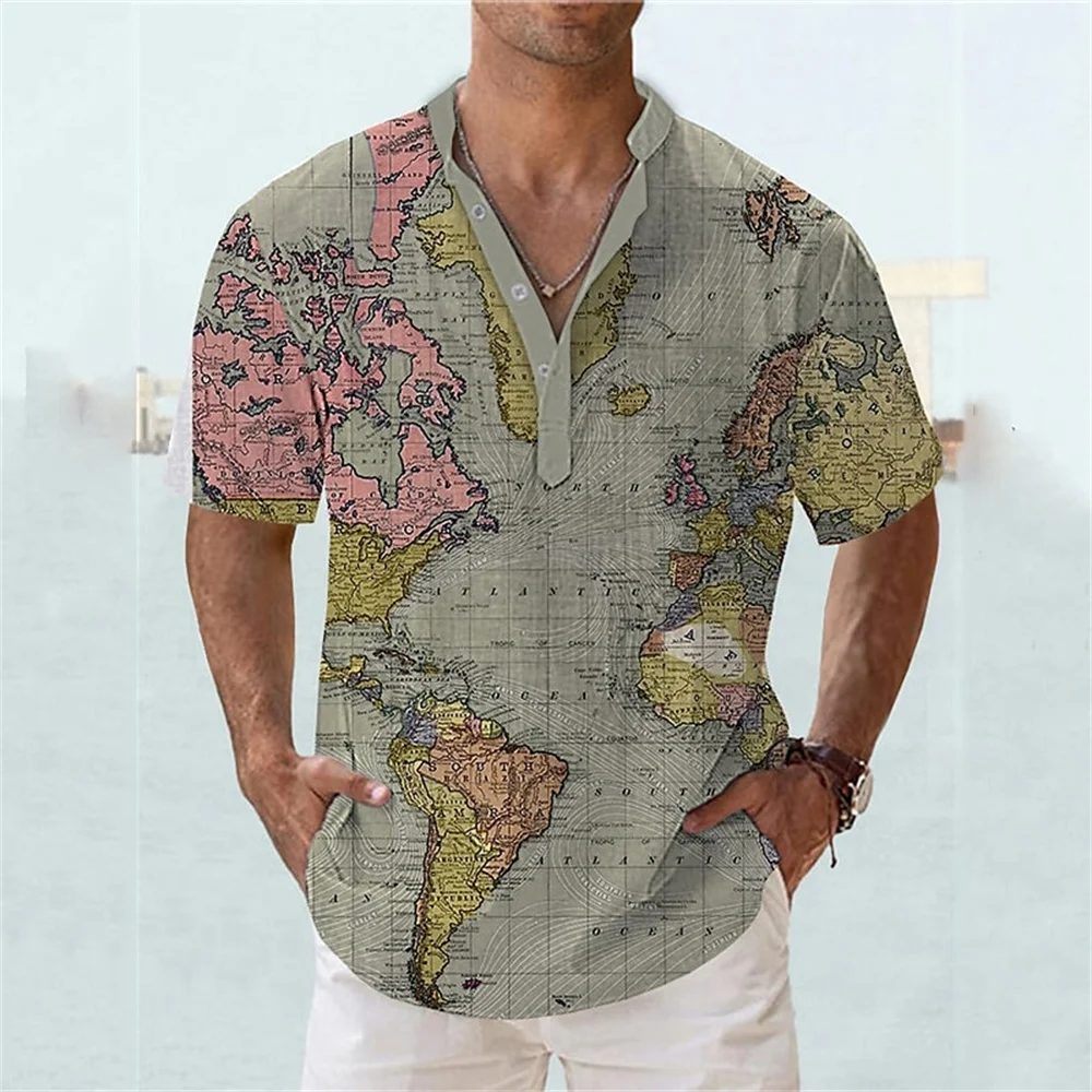 Top Trends: Vintage Maps T Shirt For Mens Short Sleeve V-neck Button Henley Shirt Men's Oversized Tops Tees Shirts Male Summer Street Clothe Shoppable Styles