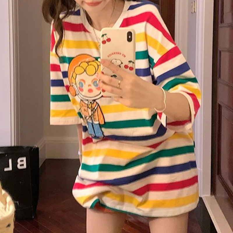 Top Trends: 2023 Summer Playful Rainbow Stripe Cartoon Three-dimensional Decoration Loose Casual Round Neck Short Sleeved Oversize T-shirt Shoppable Styles