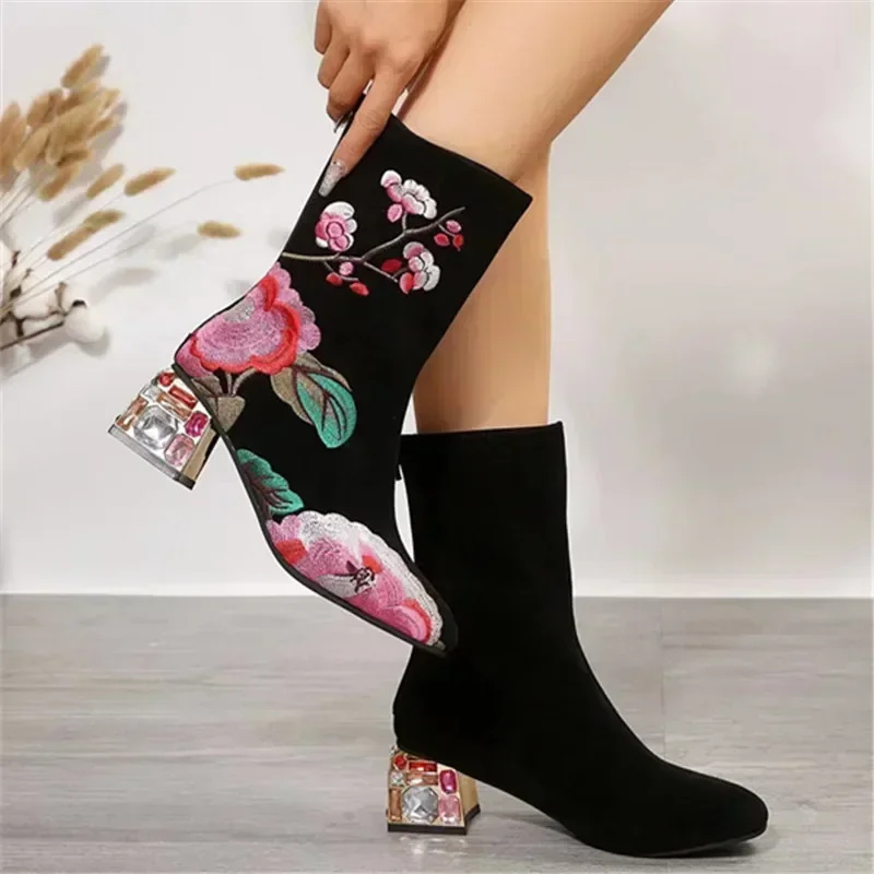 Top Trends: Women Flower Embroider Ankle Boots Winter Fashion Colorful Rhinestone Square Heels Zipper Motorcycle Short Boots Retro Shoes Shoppable Styles