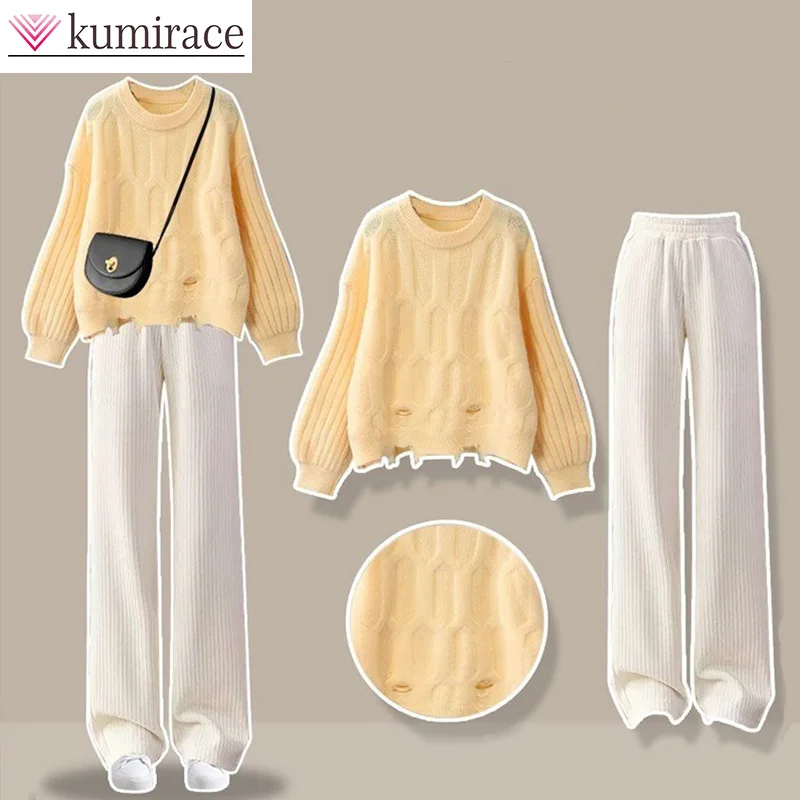 Top Trends: 2-Piece Knitted Sweater Set For Women, Broken Hole, Apricot Wide Leg Pants, Korean Clothes, Winter And Autumn Set, 2023 Shoppable Styles