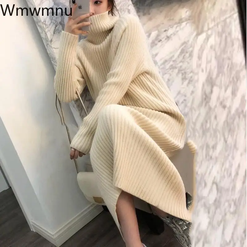 Top Trends: Thick Knitted Dress Turtleneck Loose Korean Knitwear Midi Dresses Elegant Casual Sweater Vestidos Women Fall Winter New Robe Shoppable Styles