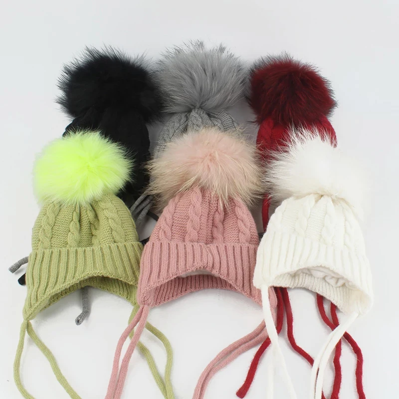 Top Trends: Real Fur Pompom Baby Hat Kids Winter Earflap Cap Fleece Inside Warm Knitted Skullies Beanies For Girls Boys Shoppable Styles