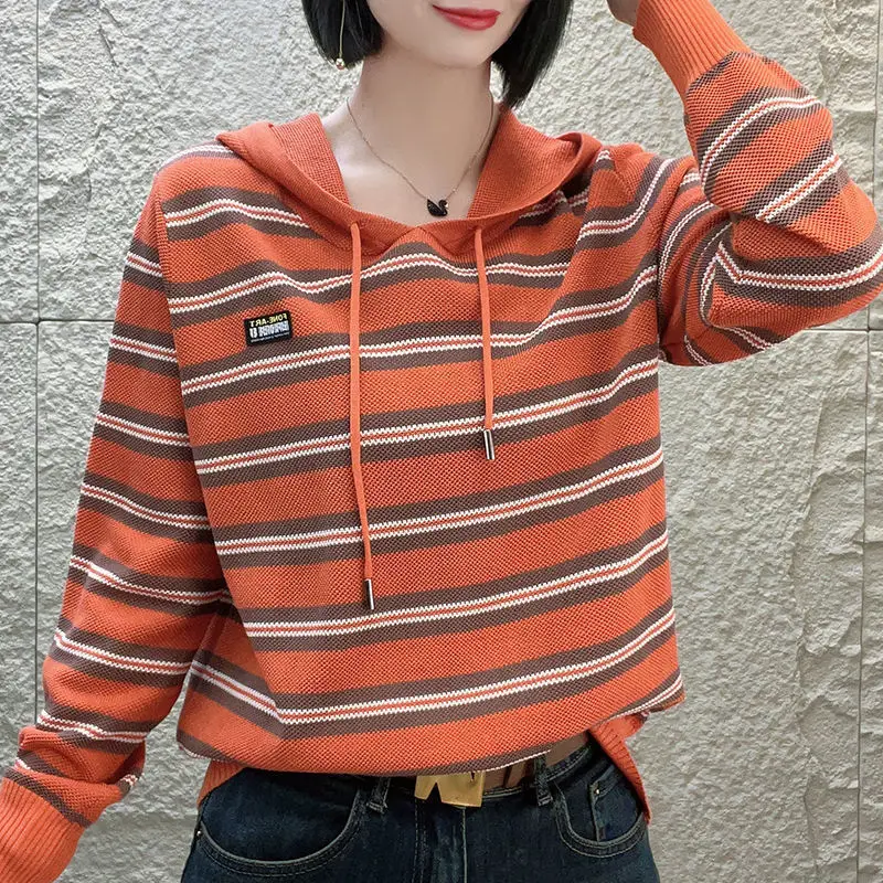 Top Trends: 2023 New Autumn Fashion Stripe Hooded Loose Fit Age Reducing Sweater With Temperament Commuter Women&#039;s Drawstring Casual Top Shoppable Styles