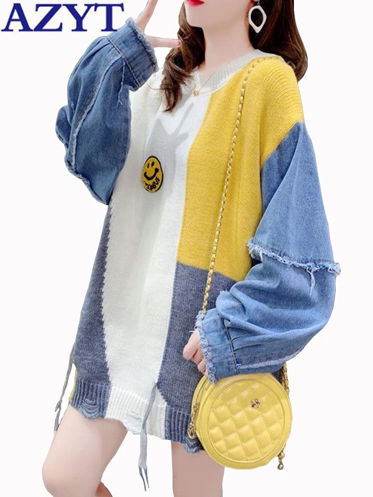 Top Trends: Denim Patchwork Long Sleeve Knitwear Women's Sweater Loose Knit Pullovers Female Casual Sweater Spring Autumn Shoppable Styles