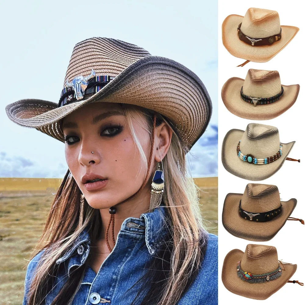 Top Trends: Retro Wild Straw Cowboy Hat Bull Shaped Decor Panama Hats For Men Travel Knight Country Hat Bohemian Women Beach Sunscreen Hat Shoppable Styles