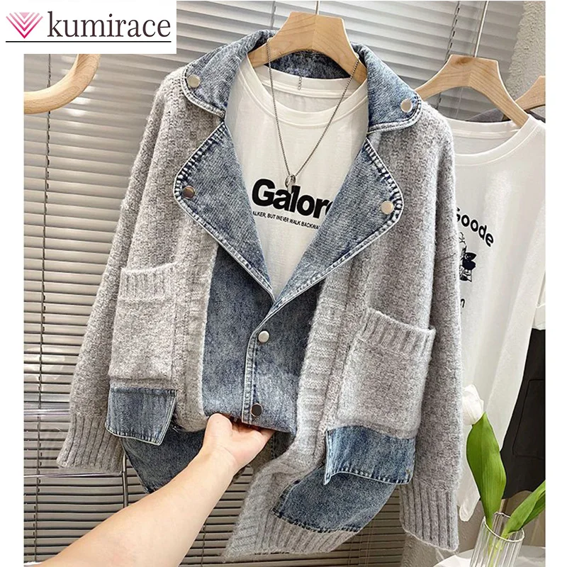 Top Trends: Large Women's 2023 Autumn / Winter Korean Edition Personalized Patchwork Denim Coat Lazy Knitted Sweater Cardigan Winter Clothes Shoppable Styles