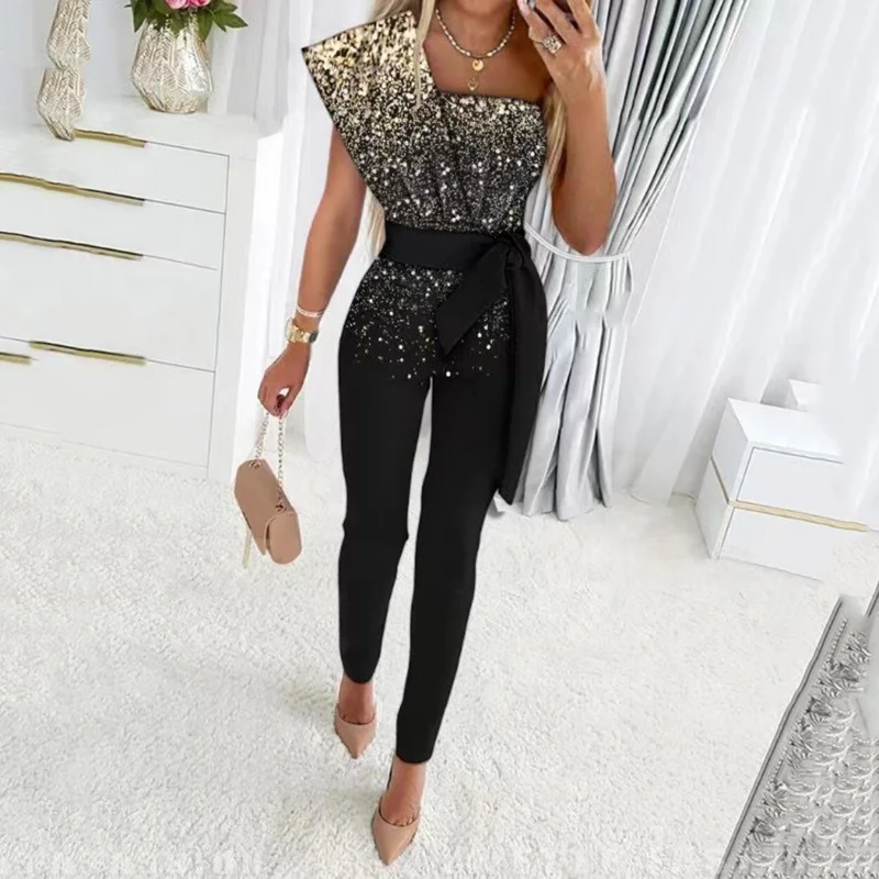 Top Trends: Casual Fashion One Shoulder High Waist Lace Up Skinny Romper Overalls Onepieces Summer Elegant Women Sequins Corset Jumpsuit Shoppable Styles