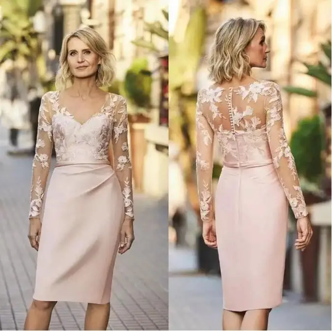 Top Trends: 2022 Elegant Wedding Guest Gown For Woman Formal Mother Of The Bride Dresses Illusion Full Sleeves With Applique Knee Length Shoppable Styles