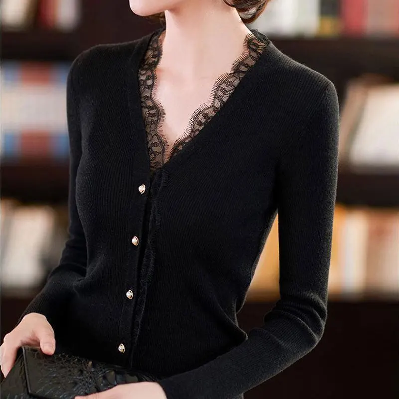 Top Trends: Korean Solid Color Slim Knitted Cardigan Women&#039;s Clothing Single-breasted Spring Autumn Fashion Elegant Lace Spliced Sweaters Shoppable Styles