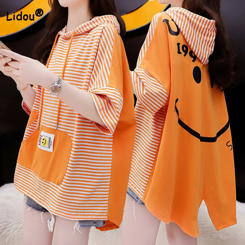 Top Trends: Casual Striped Spliced Loose Hooded T-shirt Women's Clothing Summer Half Sleeve Fashion Korean Midi Cartoon Printing Sweatshirts Shoppable Styles