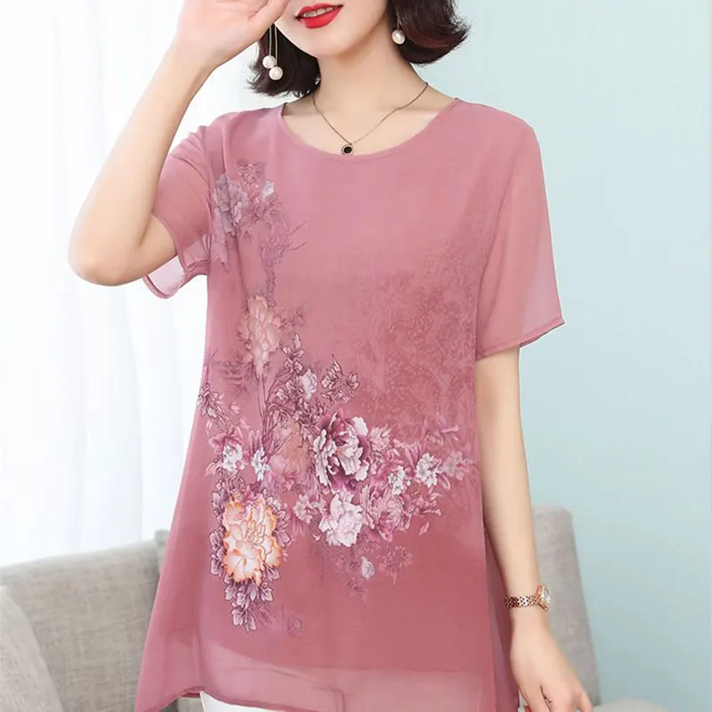 Top Trends: Summer Floral Printed Chiffon Shirt Short Sleeve Female Clothing Loose Stylish Asymmetrical Commute O-Neck Spliced Midi Blouse Shoppable Styles