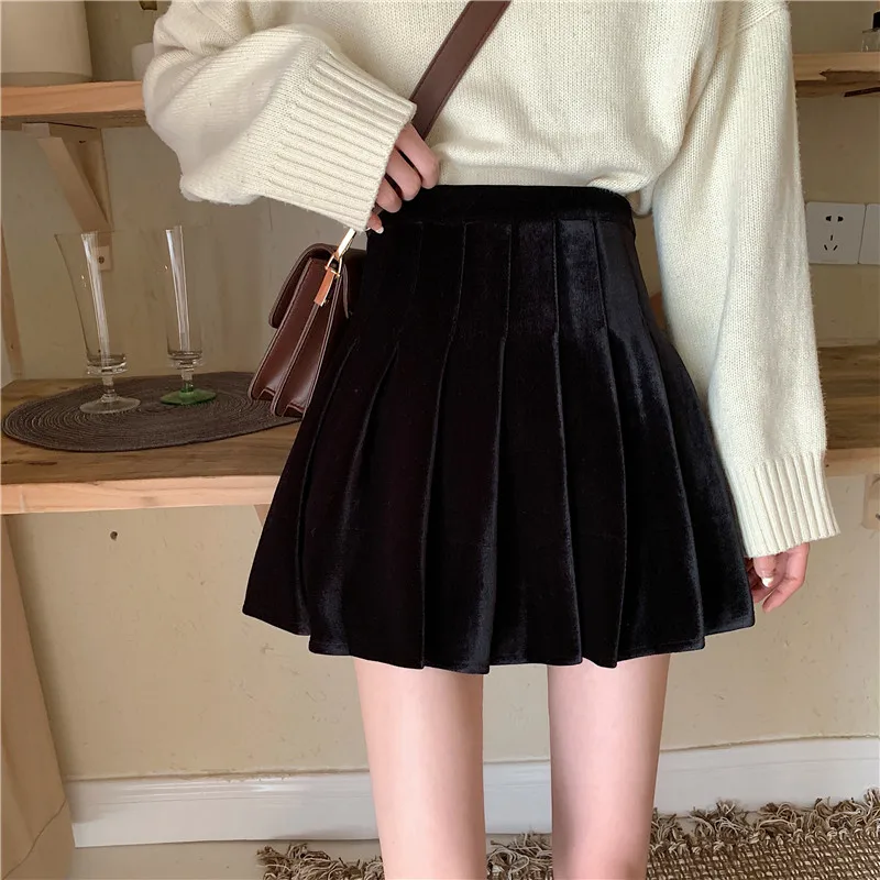 Top Trends: Gold Velvet Black Short Skirt Female Autumn And Winter Wear 2022 New High Waist Skirt All-match A-line Pleated Skirt Shoppable Styles