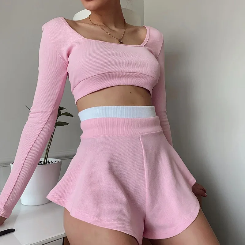 Top Trends: Fashion Casual Sport Shorts Skirts Set Women Summer Leisure Two Piece Set Shorts Set Solid Colors Patchwork Sexy Slim Crop Tops Shoppable Styles