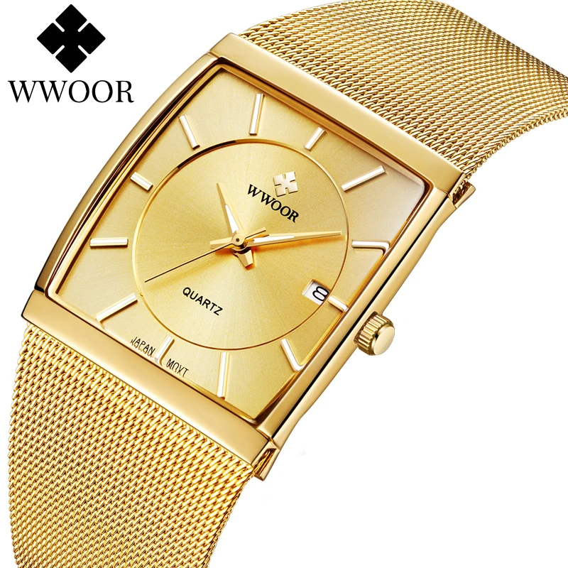 Top Trends: WWOOR Luxury Gold Watch Men Square Japan Quartz Slim Steel Mesh Waterproof Sports Automatic Date Wrist Watches Relogio Masculino Shoppable Styles