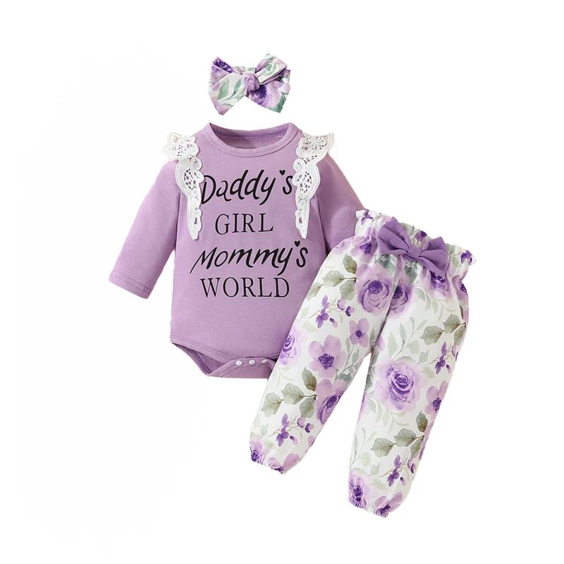 Top Trends: 3pcs Set Baby Grils Clothes Bodysuit Pants Suits Long Sleeve Letter Printing Onesies Tops Bow Trousers Headband Infant Outfits Shoppable Styles