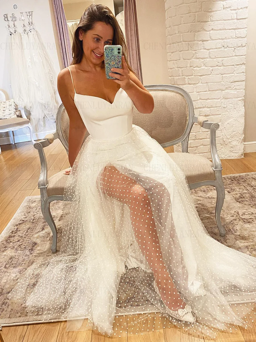 Sexy Satin Wedding Dresses V-neck Slit A-line Lace Up Back Long Bridal Gowns  | eBay