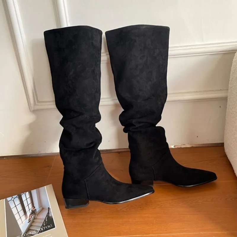 Top Trends: Knee- High Boots LadySlip On Simple Pleated Stretch Suede Winter Botas Big Circumference Spring Autumn Woman Boots Large Size43 Shoppable Styles - Image 4