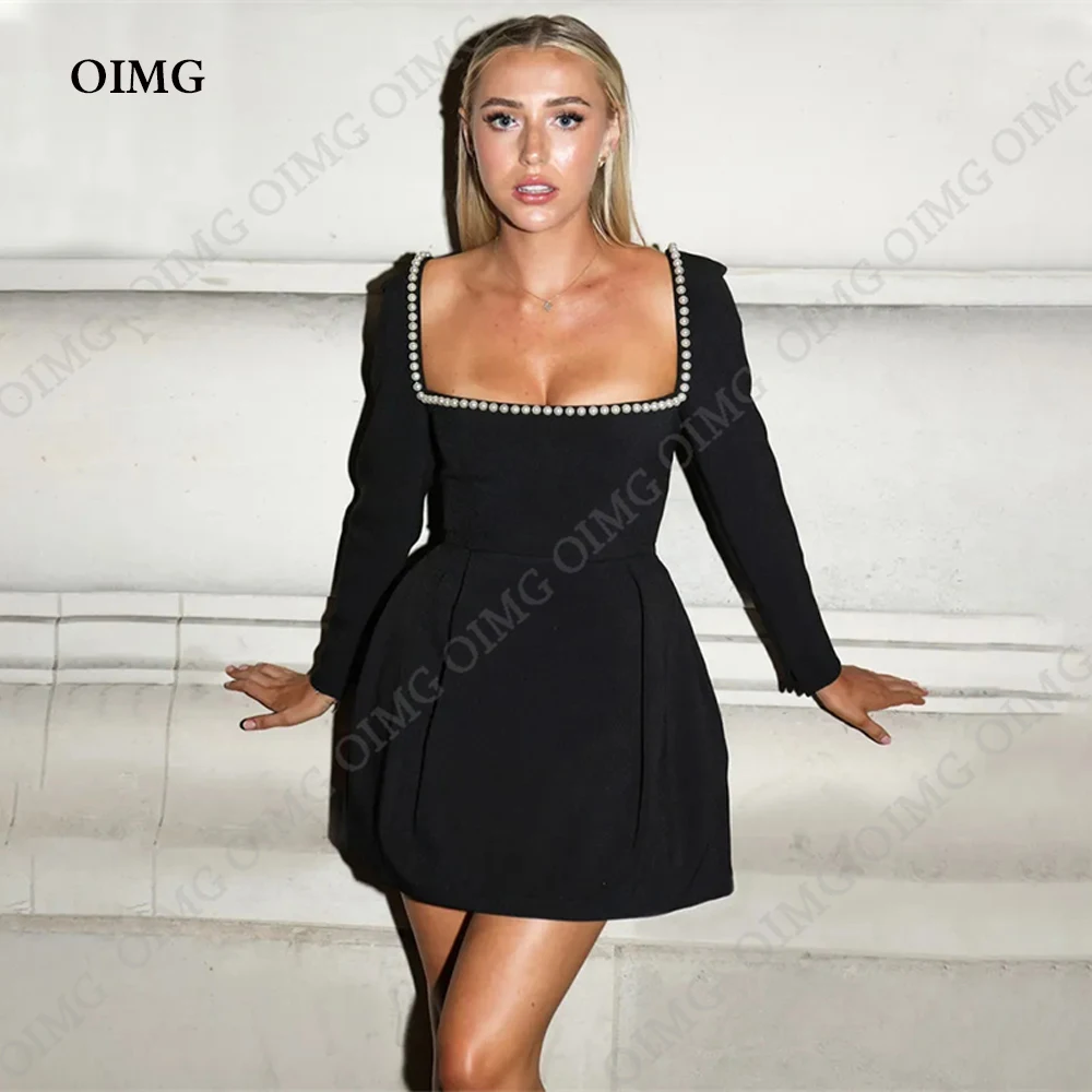 Top Trends: OIMG Women Black A Line Short Pearls Evening Party Dresses Long Sleeves Strapless Mini Club Cocktail Night Prom Dress Gowns Shoppable Styles