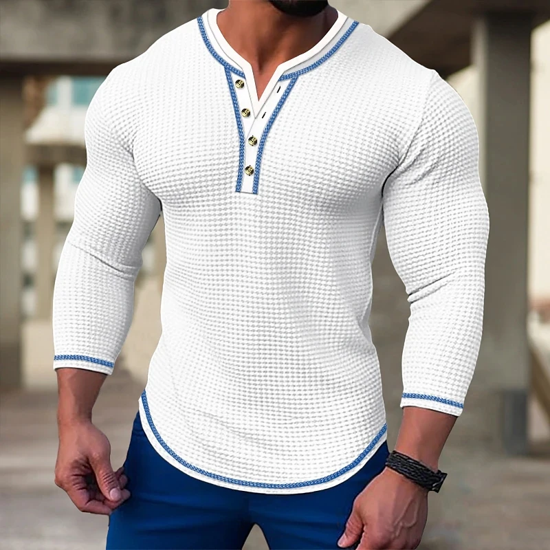 Top Trends: New Men&#039;s Waffle Solid Color T-shirt Long Sleeve V-cardigan Henry Neck Tee Tops Spring Autumn Casual Comfort Elastic Shirt Shoppable Styles