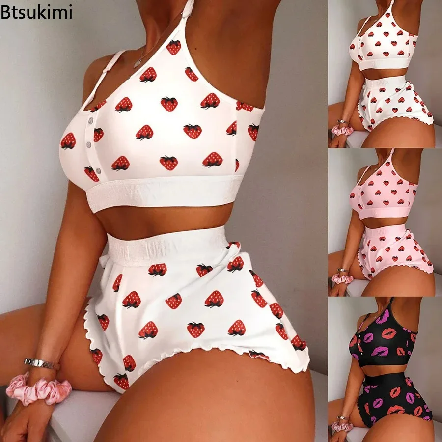 Top Trends: New Women&#039;s 2 Pieces Kawaii Strawberry Print Frill Hem Cami Pajama Set 2024 Femme Cute Crop Top &amp; Shorts Suits Lady Sleepwear Shoppable Styles