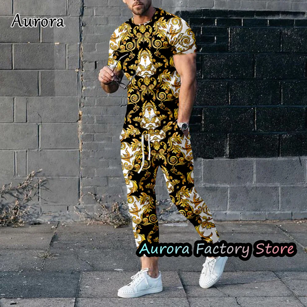 Top Trends: Summer Men Tracksuit Luxury T-Shirt Trousers Set Symmetrical Gold Print Casual Outfit Male Vintage Clothing Fashion Jogging Suit Shoppable Styles