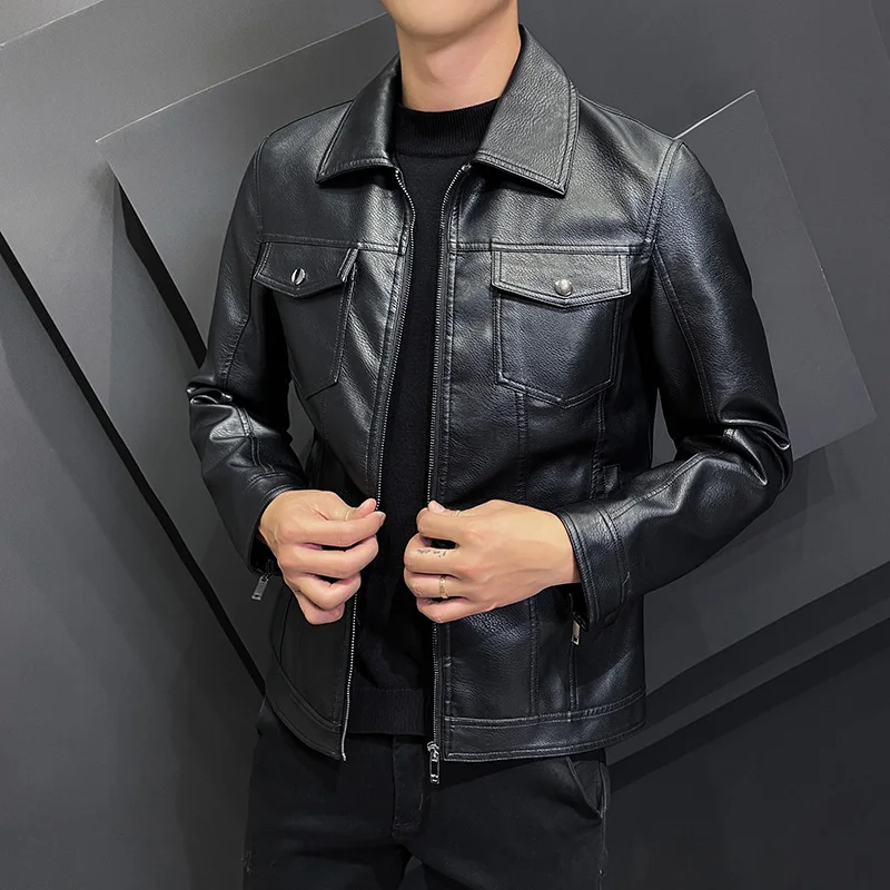 Top Trends: 2022 Autumn Fashion Trend Coats Male New Style Slim Fit Lapel-Up Collar Motorcycle Leather Jacket Men's PU Leather Jacket S-5XL Shoppable Styles - Image 3