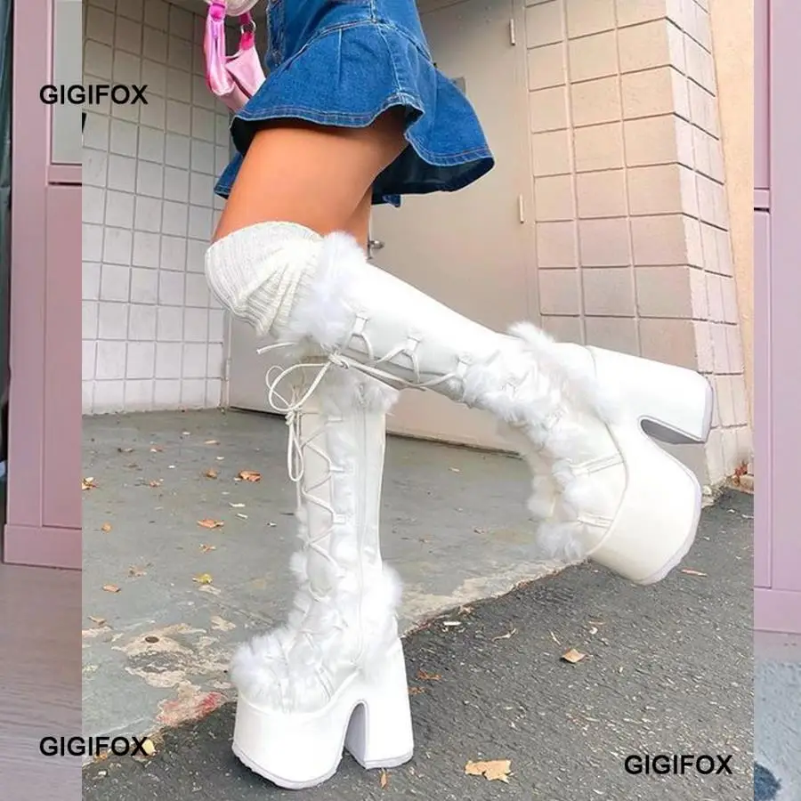 Top Trends: GIGIFOX Platform Furry Boots Chunky High Heeled Winter Autumn Knee High Boots Women Faux Fur Zip Gothic Style Punk Shoes Ladies Shoppable Styles